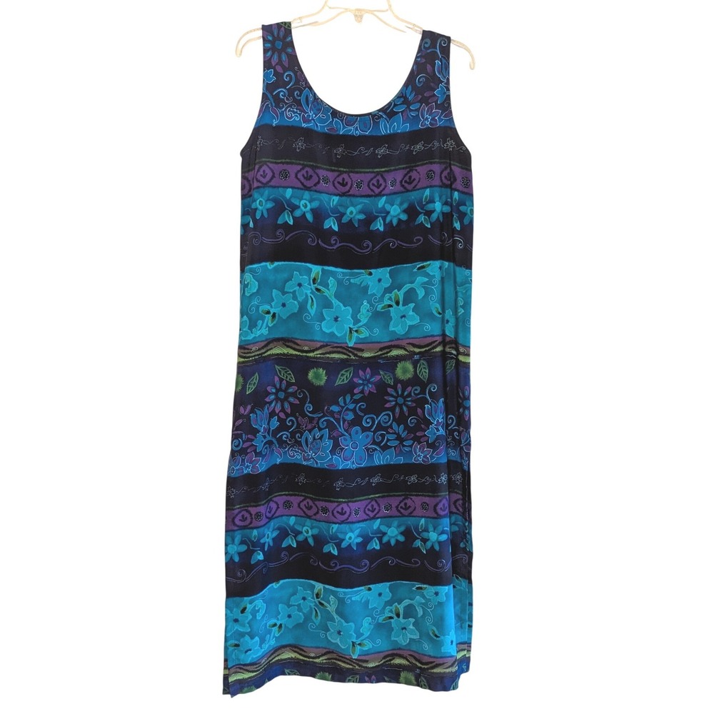 VTG Rendez-Vous Womens Blue Purple Floral Stripe Sleeveless Midi Tank Dress Med